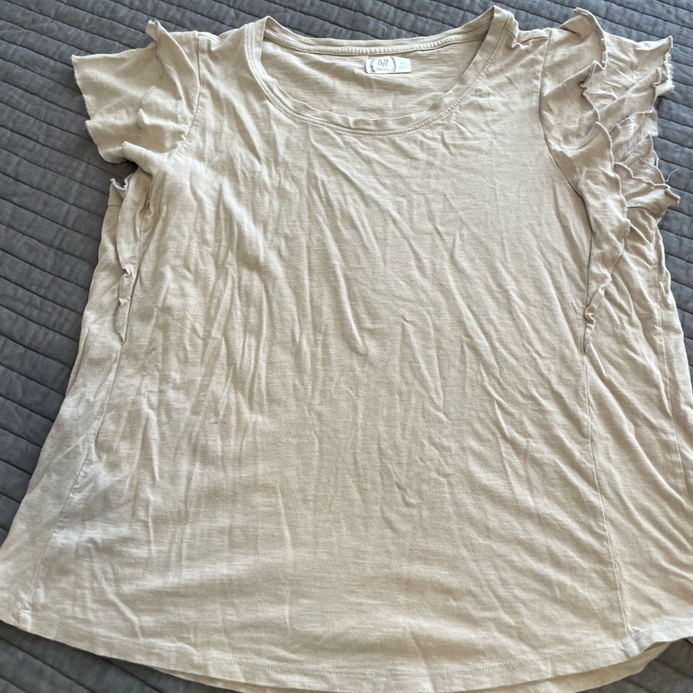 Maurice’s 24/7 light weight tee with ruffled sleeves tan